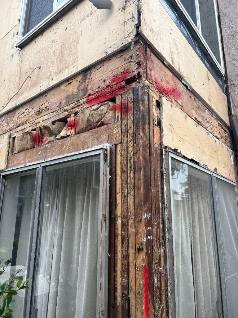 Building corner opened to bare framing with termite damage marked in red paint